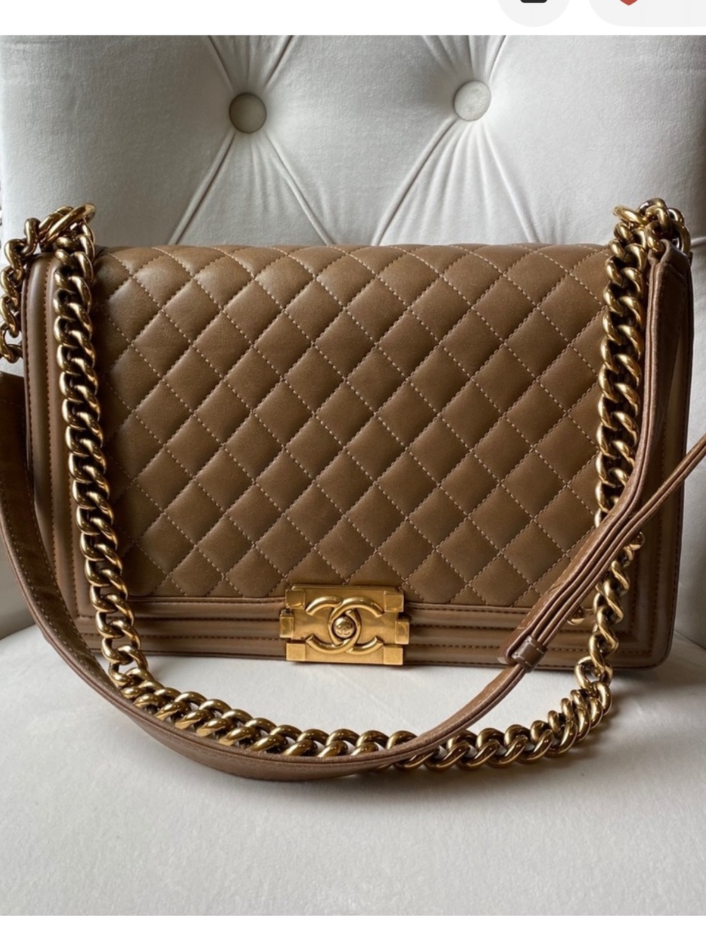 CHANEL medium Boy Quilted Leather Shoulder Bag in Taupe with Gold Hardware